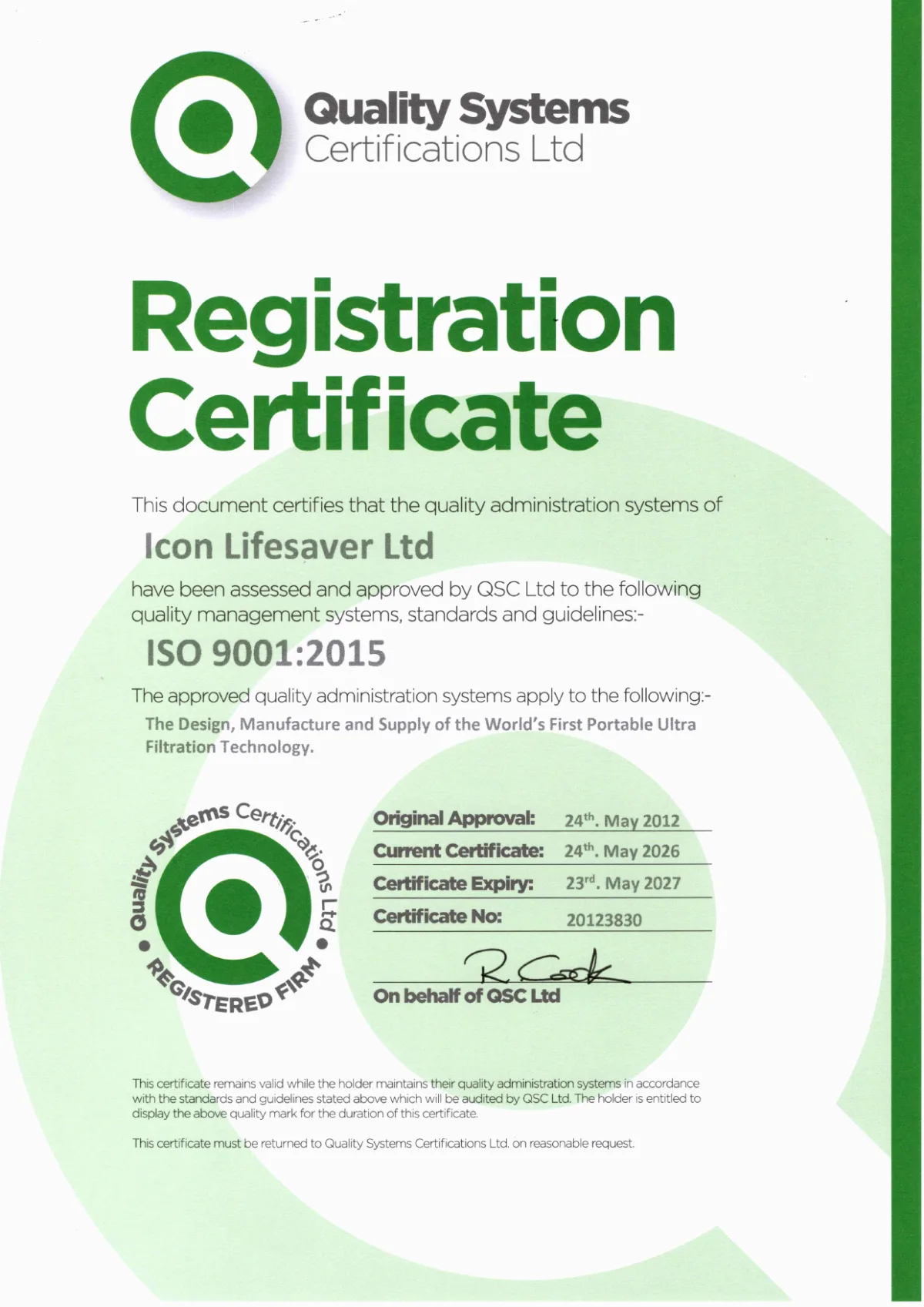 Certyfikat ISO 9001:2015 wydany przez Quality Systems Certifications Ltd dla Icon LifeSaver Ltd, numer 20123830, ważny do 23 maja 2027.
